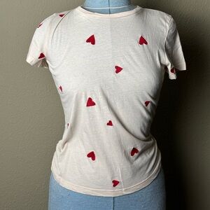 NWT MONROW EMBROIDERED HEART RED CREAM CROPPED T-SHIRT SMALL